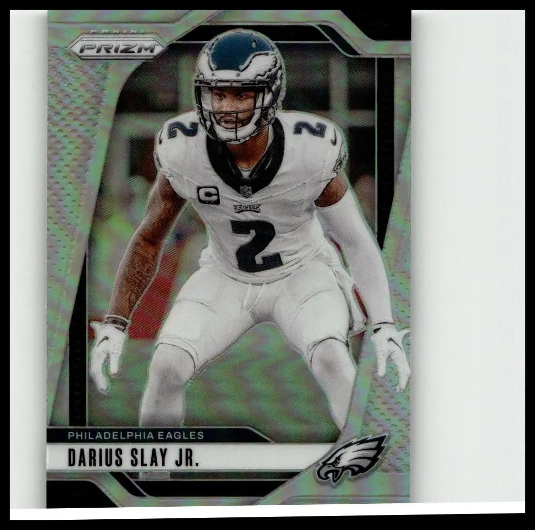 2024 panini prizm silver football card featuring action shot of philadelphia eagles player darius slay jr