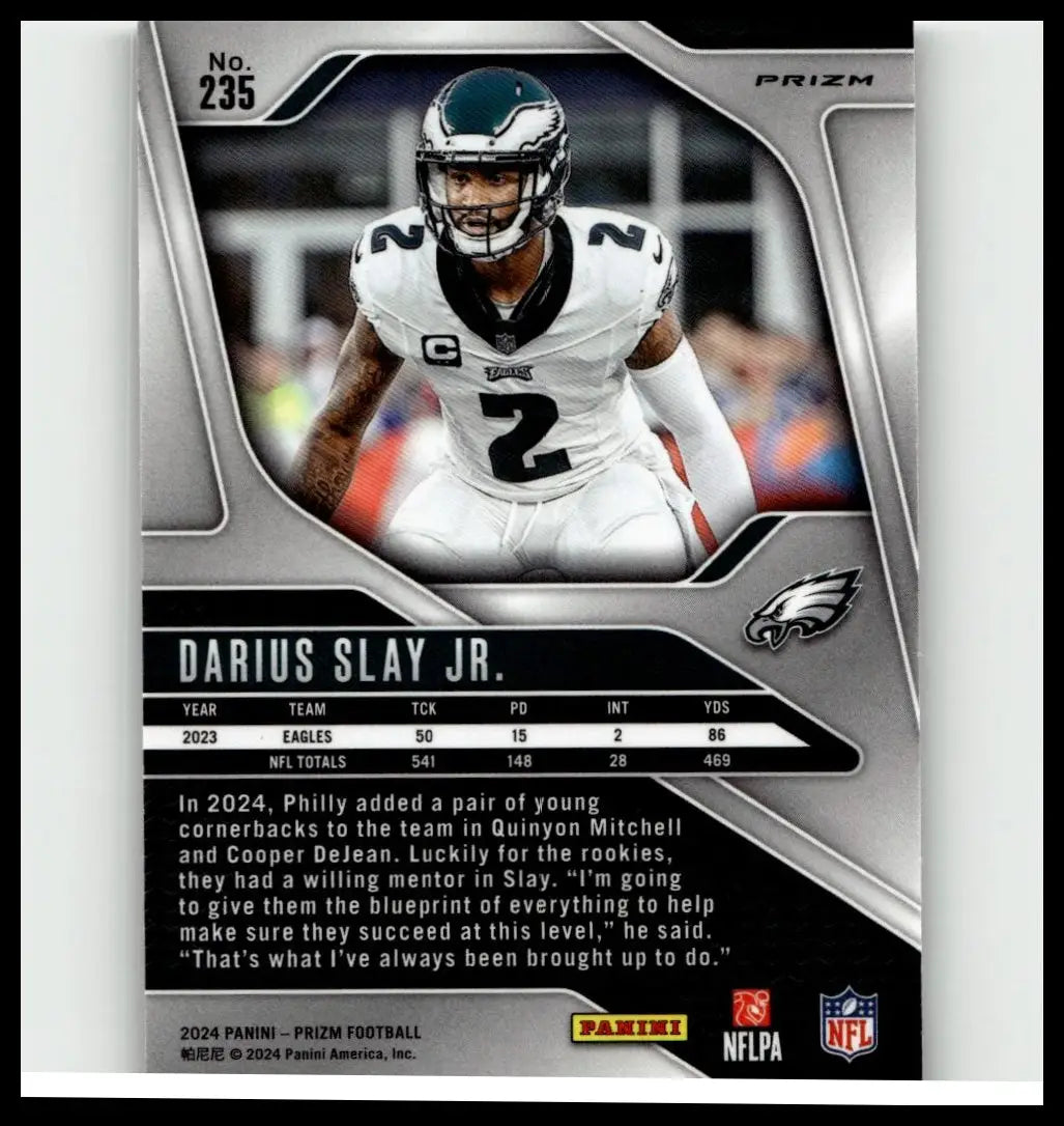 Silver and black panini prizm football trading card featuring darius slay jr in action collectible series 2024
