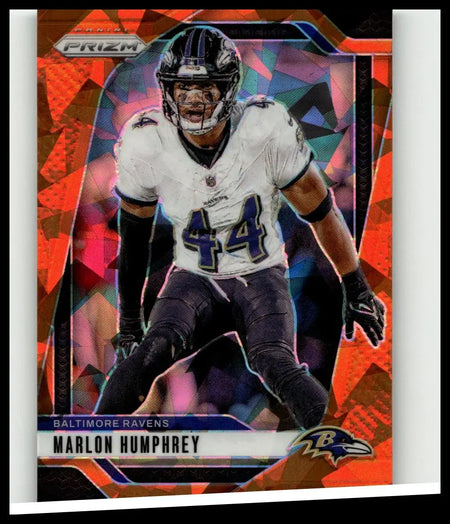2024 panini prizm #24 marlon humphrey orange ice trading card featuring baltimore ravens player in white jersey