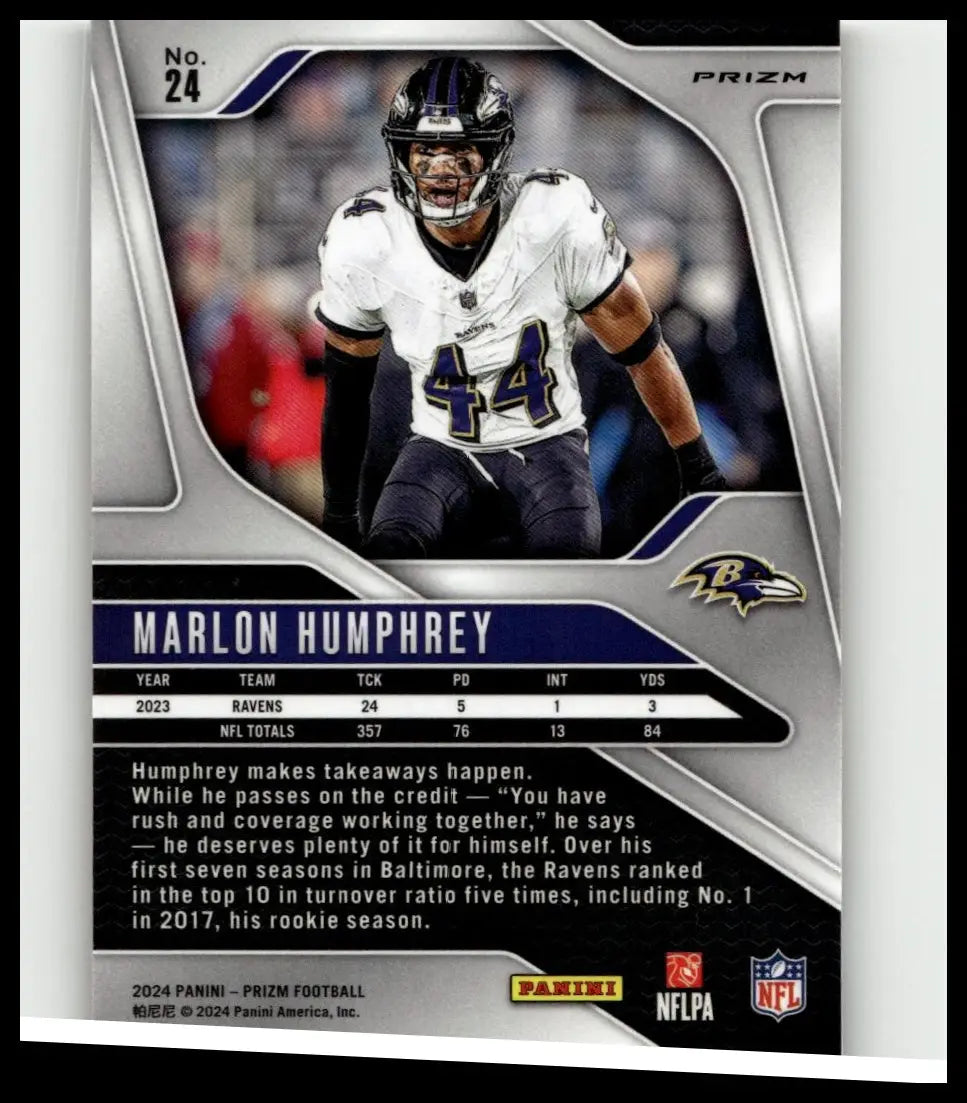 This 2024 Panini Prizm football card features Marlon Humphrey in Baltimore Ravens uniform with orange ice design