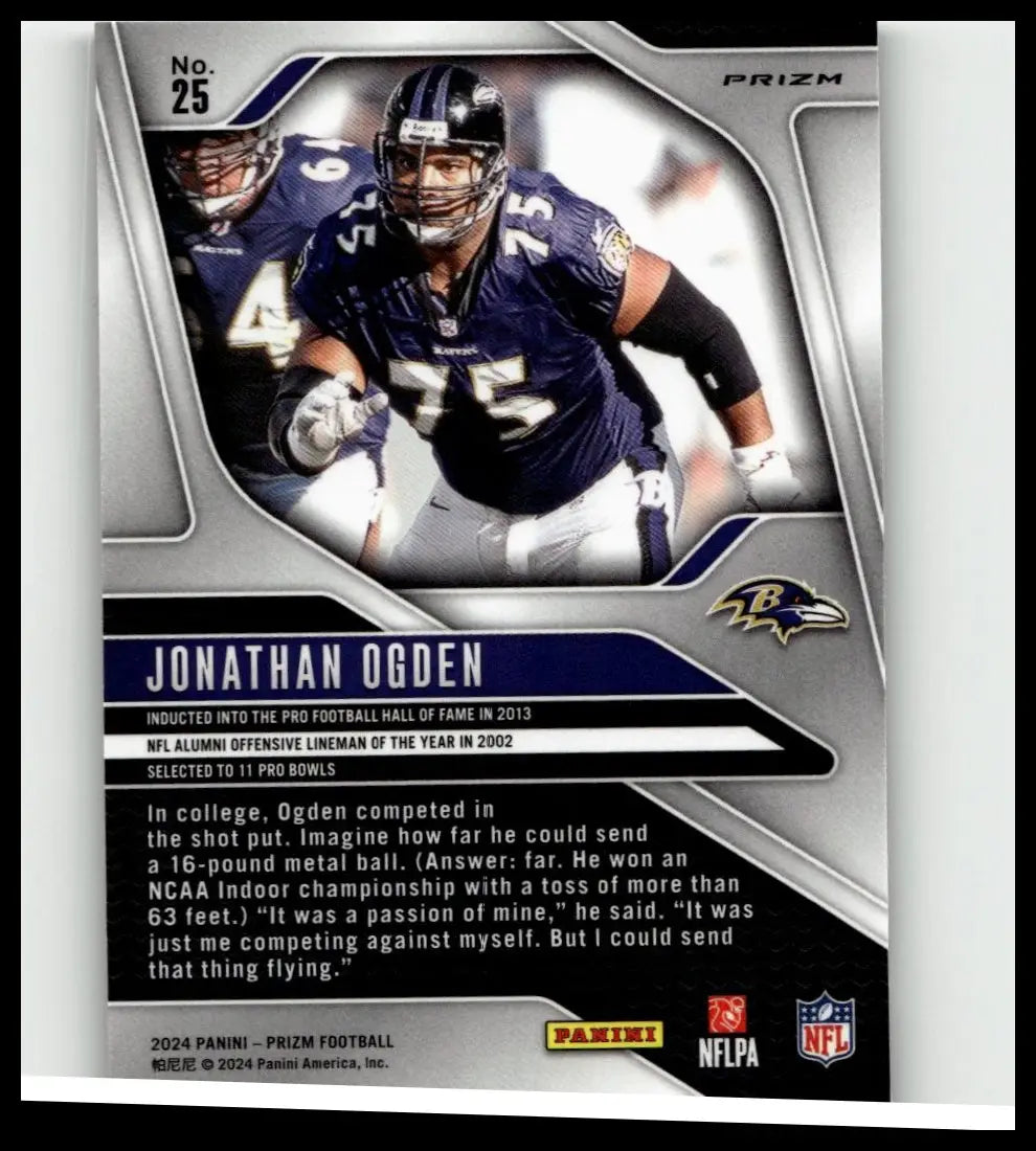 Silver and black panini prizm football trading card featuring jonathan ogden in baltimore ravens uniform