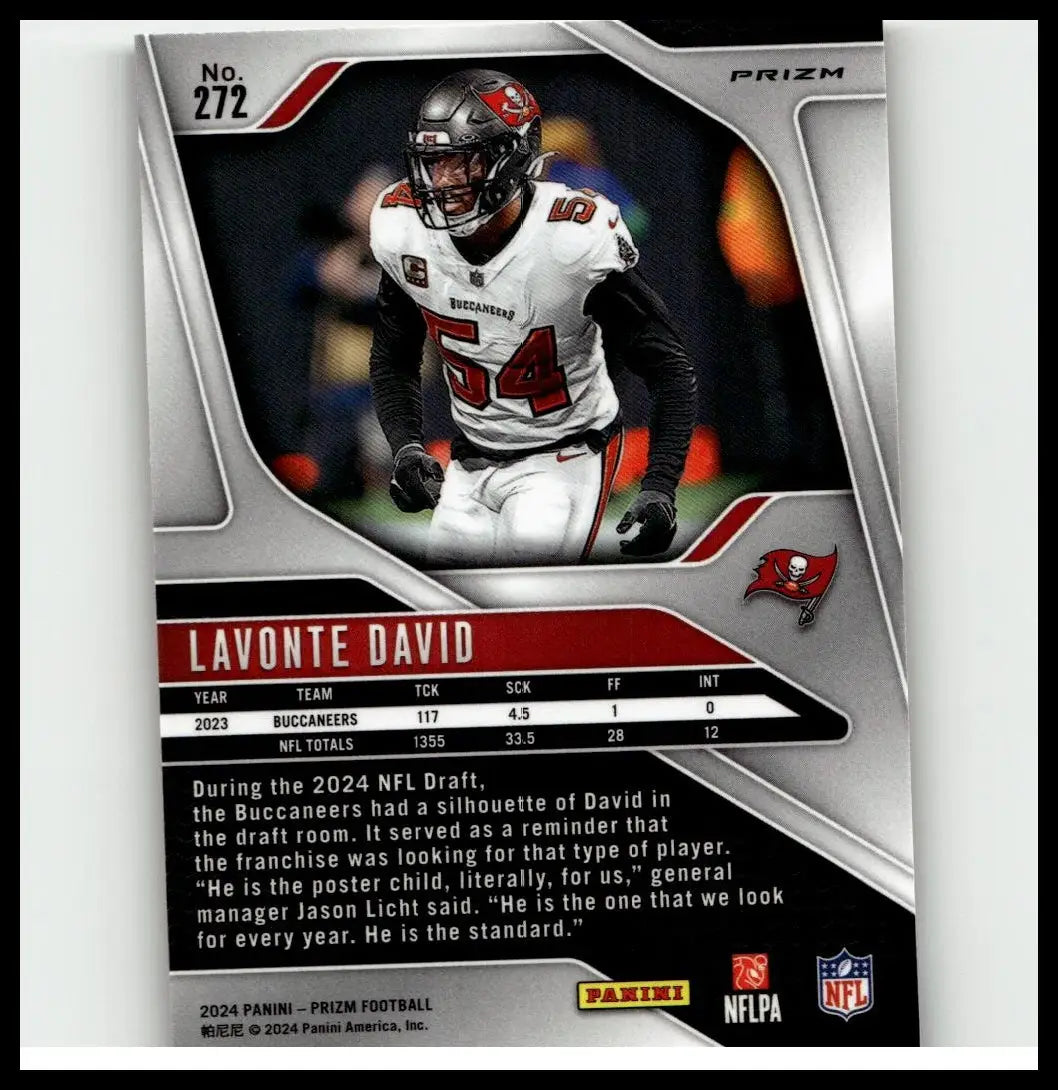 Silver and black prizm football trading card featuring lavonte david in white buccaneers jersey number 54 from 2024 panini prizm orange ice