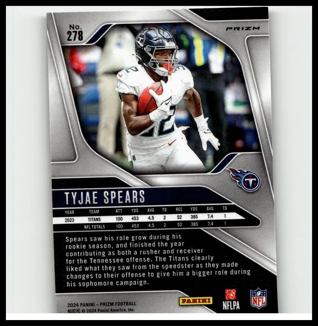 Silver and black 2024 panini prizm football card featuring tyjae spears in white tennessee titans uniform number 27 spears orange ice