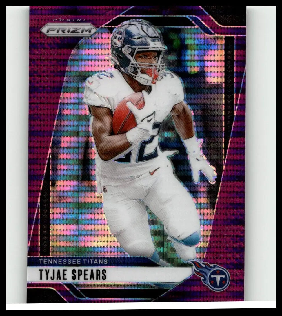 A vibrant purple and pink 2024 panini prizm #278 tyjae spears purple pulsar football trading card featuring spears in white uniform