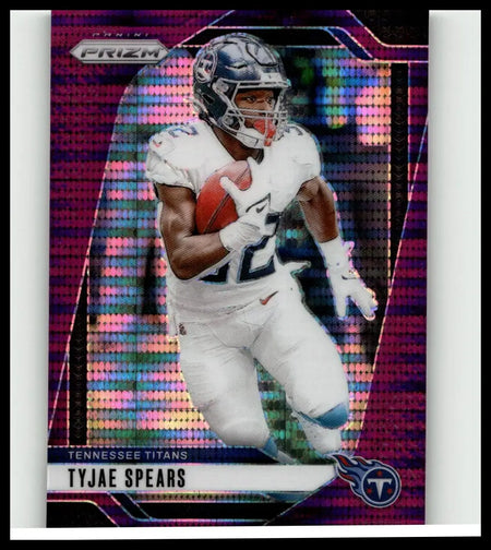 A vibrant purple and pink 2024 panini prizm #278 tyjae spears purple pulsar football trading card featuring spears in white uniform