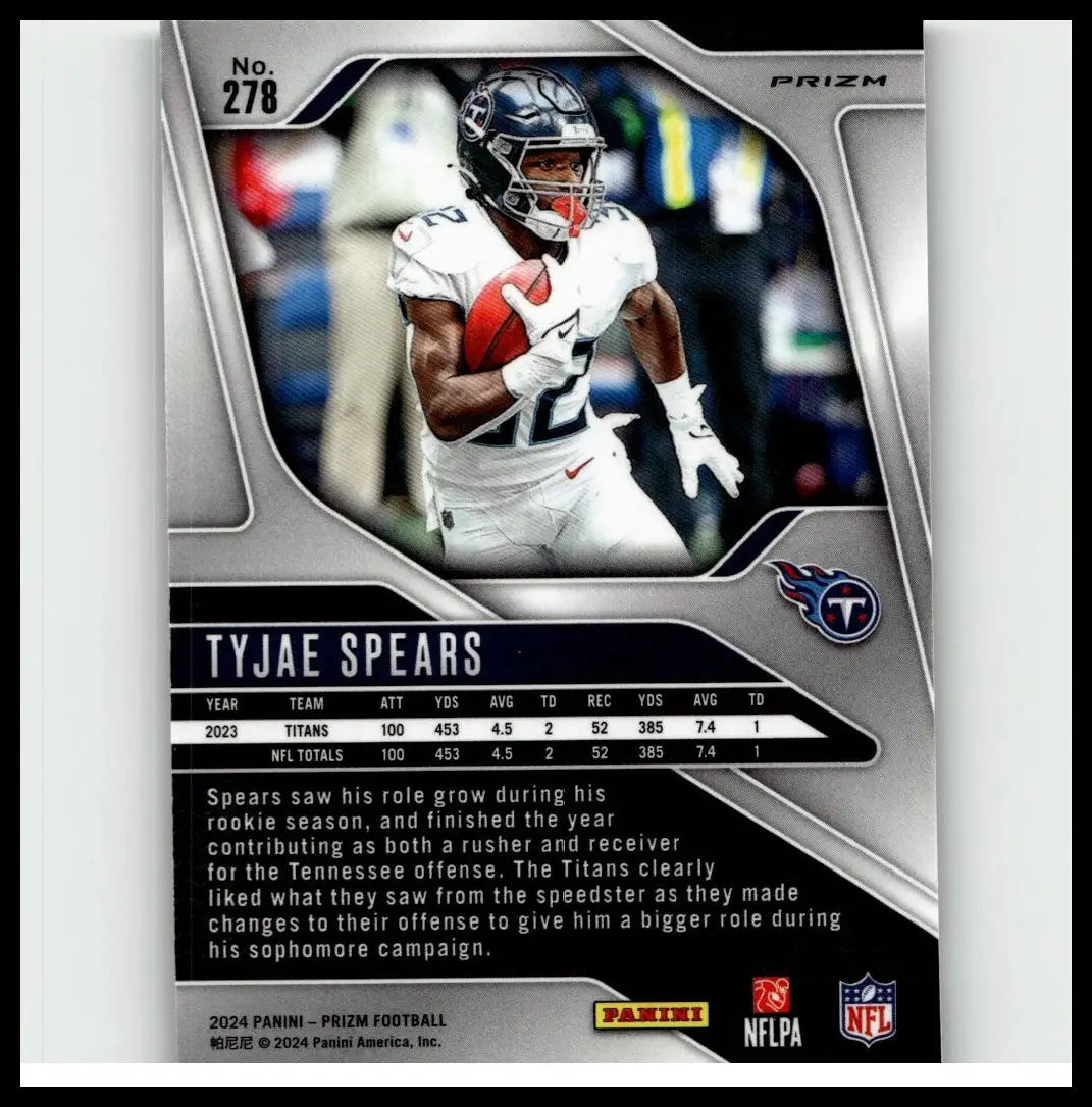 Silver and black 2024 panini prizm football trading card featuring tyjae spears purple pulsar in titans uniform