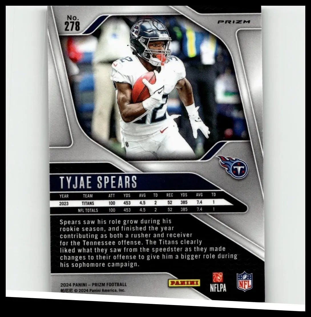 2024 panini prizm #278 tyjae spears silver football card showing tyjae spears in white titans uniform with black helmet