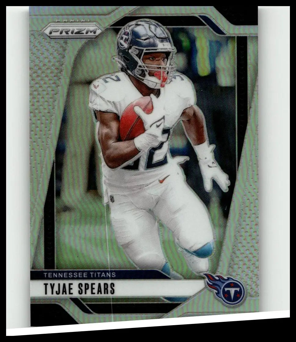 2024 Panini Prizm #278 tyjae spears silver football card featuring dynamic pose with orange football and detailed helmet design