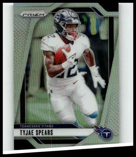 2024 Panini Prizm #278 tyjae spears silver football card featuring dynamic pose with orange football and detailed helmet design