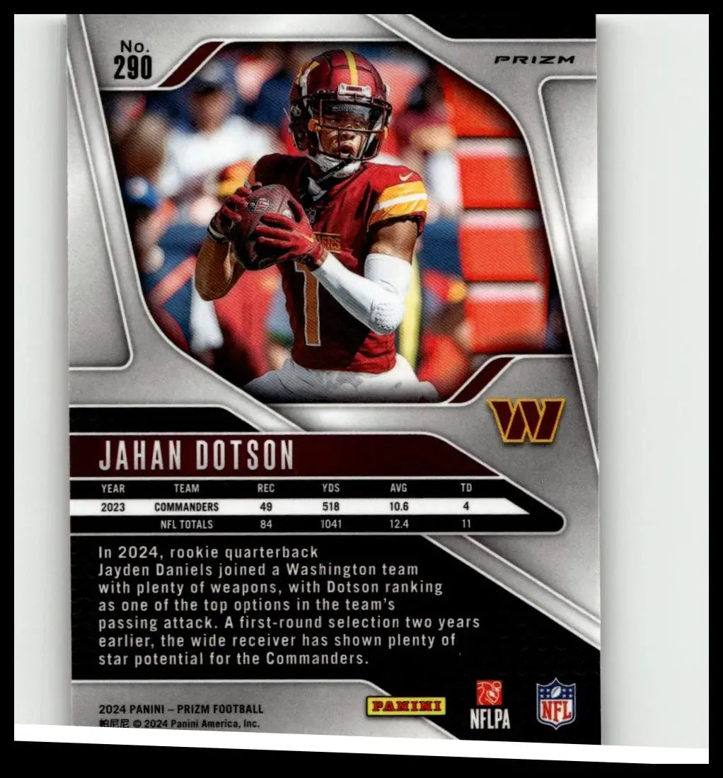 A red and gold 2024 panini prizm football card featuring jahan dotson in a maroon jersey titled jahan dotson orange ice