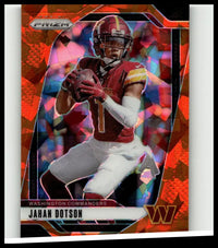 A vibrant red and gold 2024 panini prizm football card featuring jahan dotson orange ice in washington commanders uniform