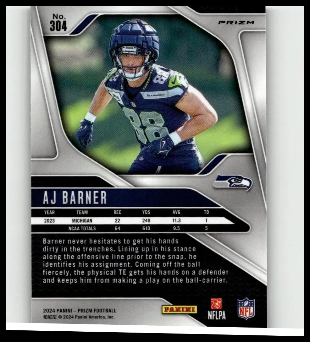 This silver and black panini prizm football trading card features aj barner in seattle seahawks uniform barner purple pulsar