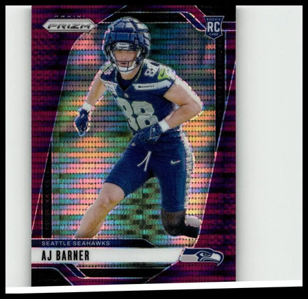 A vibrant purple pulsar panini prizm rookie card of aj barner in seattle seahawks uniform 2024 #304