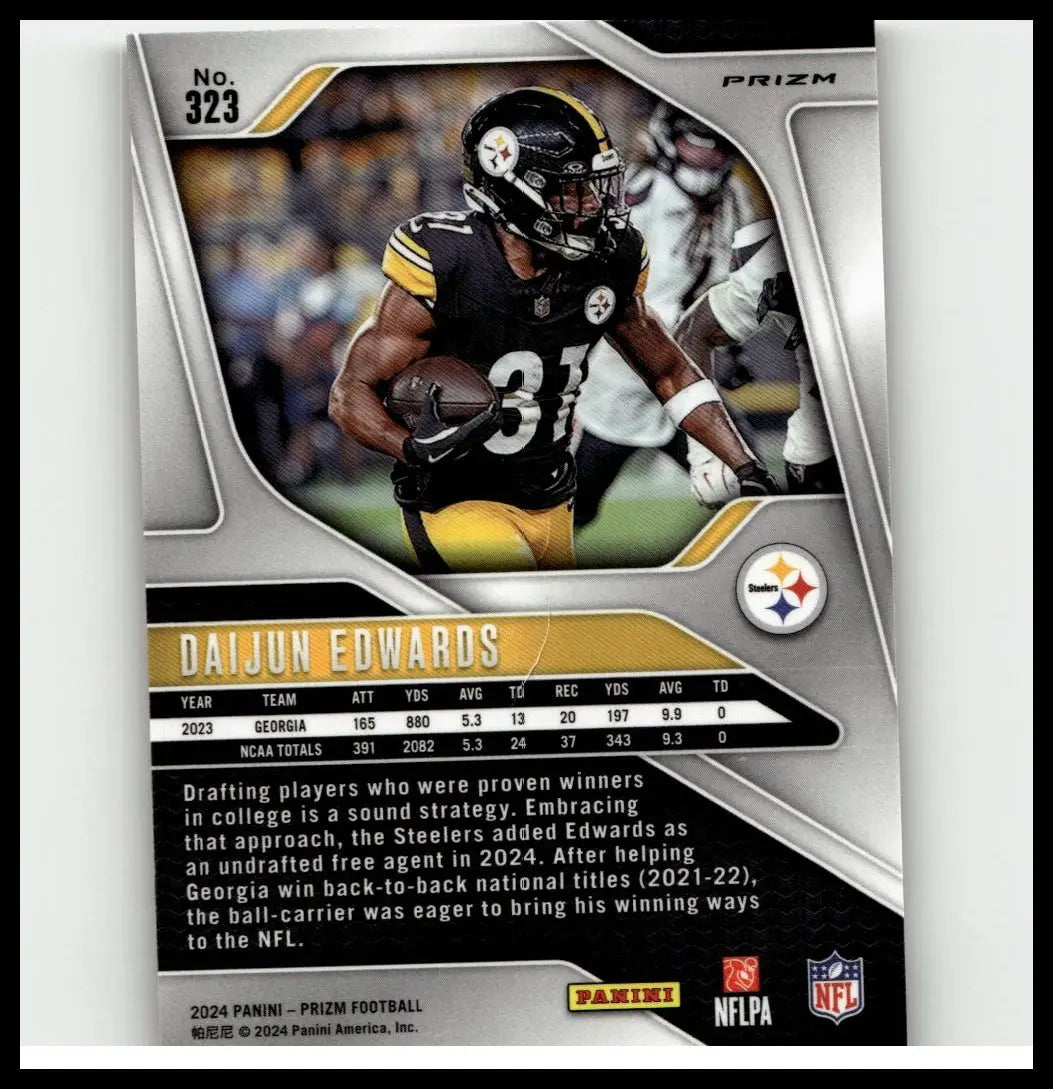 Black and gold pittsburgh steelers football trading card featuring daijun edwards orange ice in action from 2024 panini prizm
