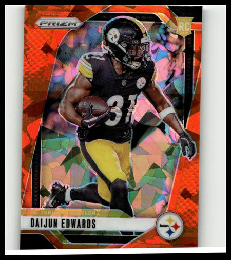 A 2024 panini prizm daijun edwards orange ice trading card with vibrant orange geometric pattern and steelers uniform