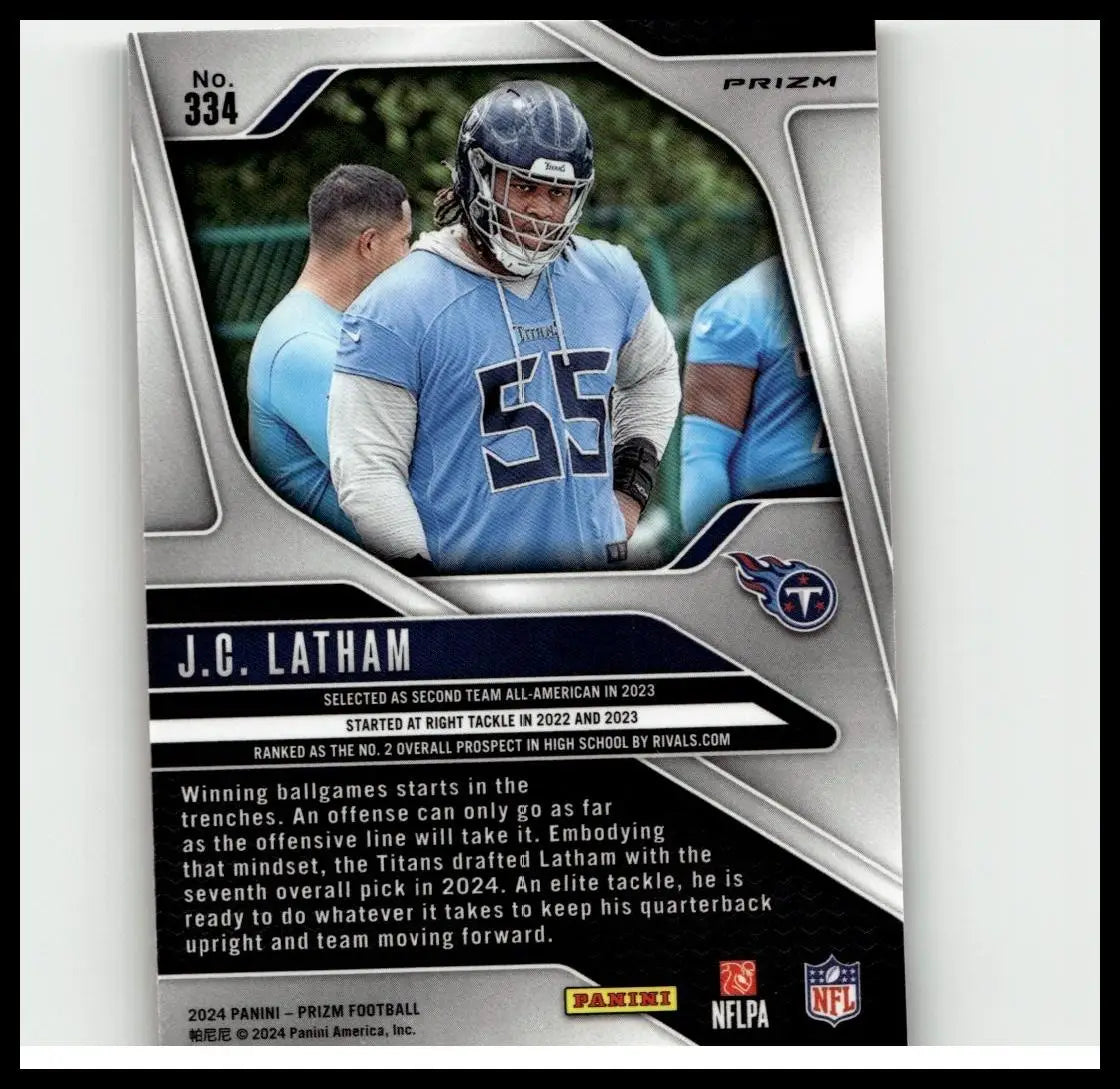Silver and black panini prizm football trading card featuring 2024 latham orange ice j.c. latham #334 prizm design