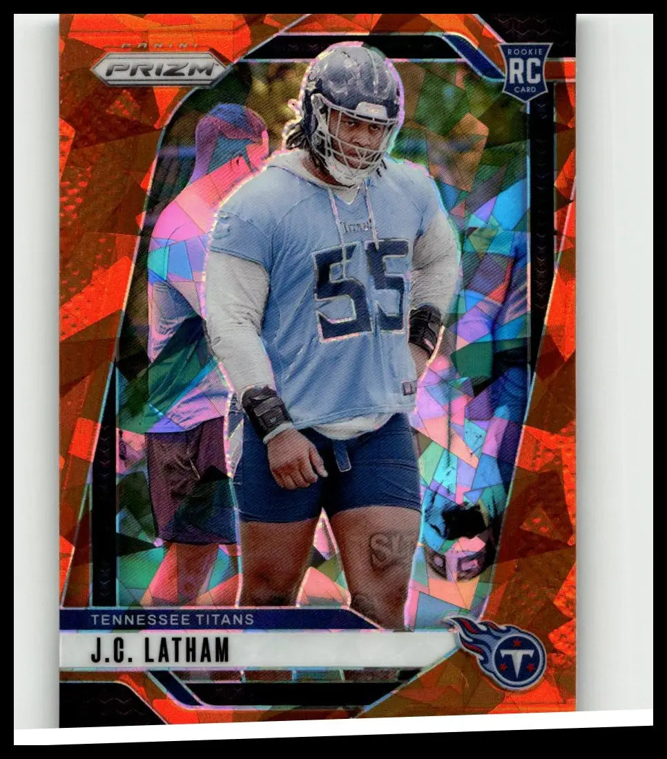 This vibrant orange and red 2024 panini prizm #334 latham orange ice rookie card features j.c. latham