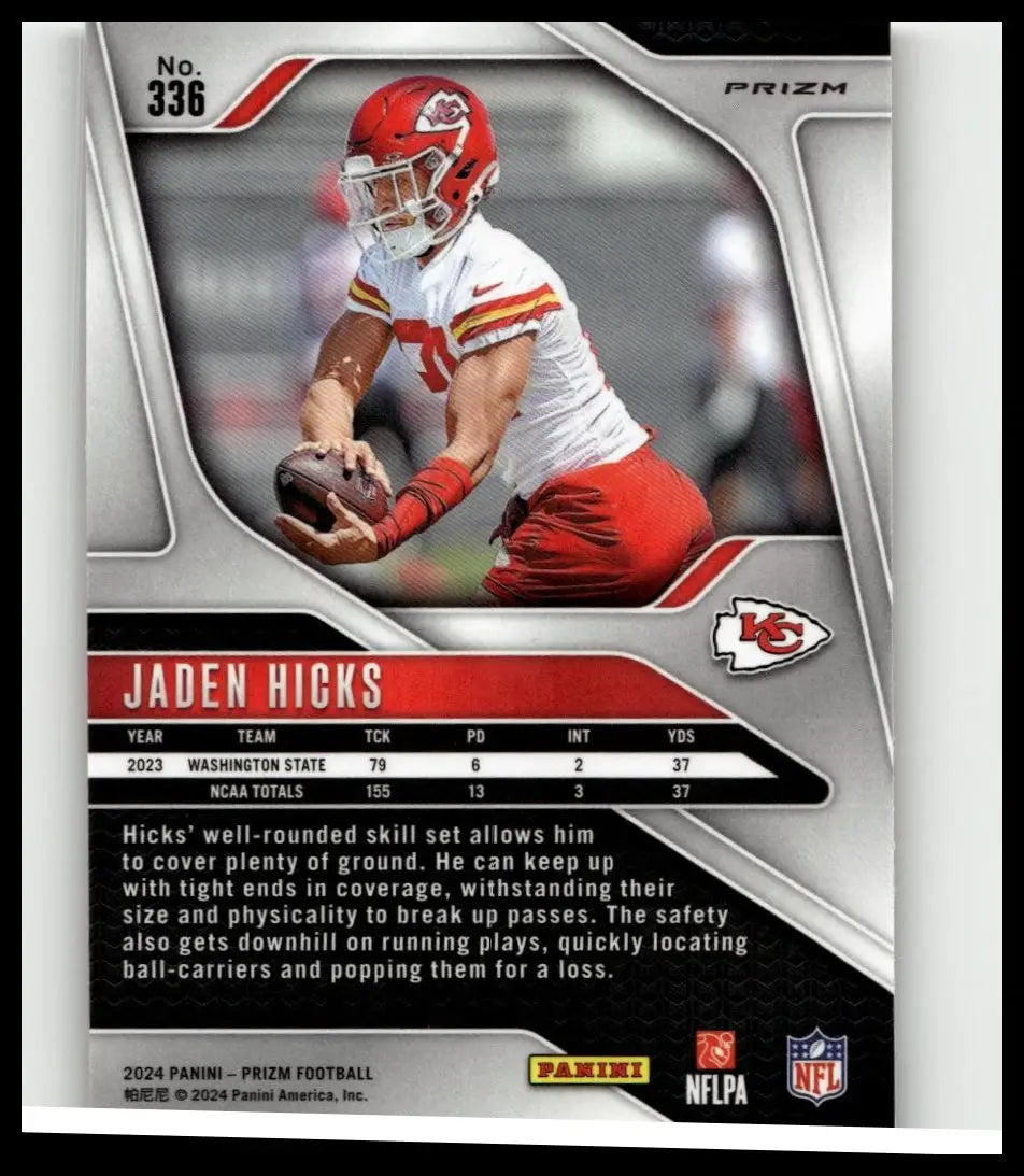 Red and white kansas city chiefs jaden hicks trading card from 2024 panini prizm orange ice series
