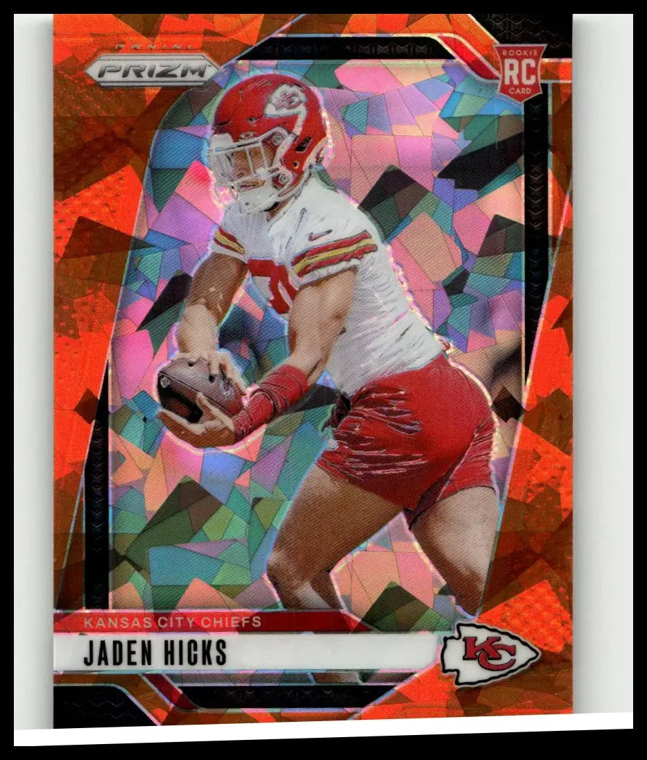 A vibrant red and white 2024 panini prizm #336 jaden hicks orange ice rookie card with a geometric prism background