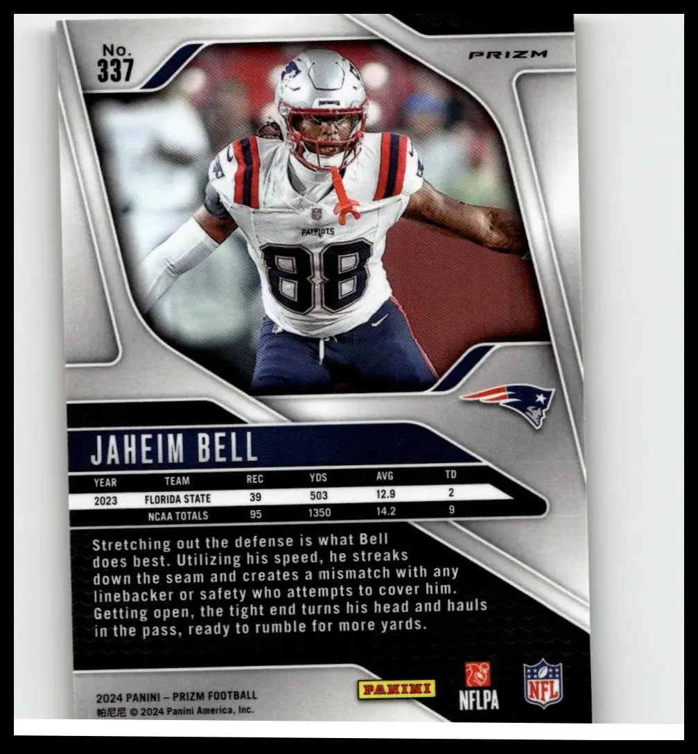 Silver and black 2024 panini prizm #337 jaheim bell orange ice football trading card in white patriots jersey number 88