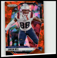 A vibrant red and orange prism-effect football trading card of jaheim bell in patriots uniform 88 from 2024 panini prizm bell orange ice