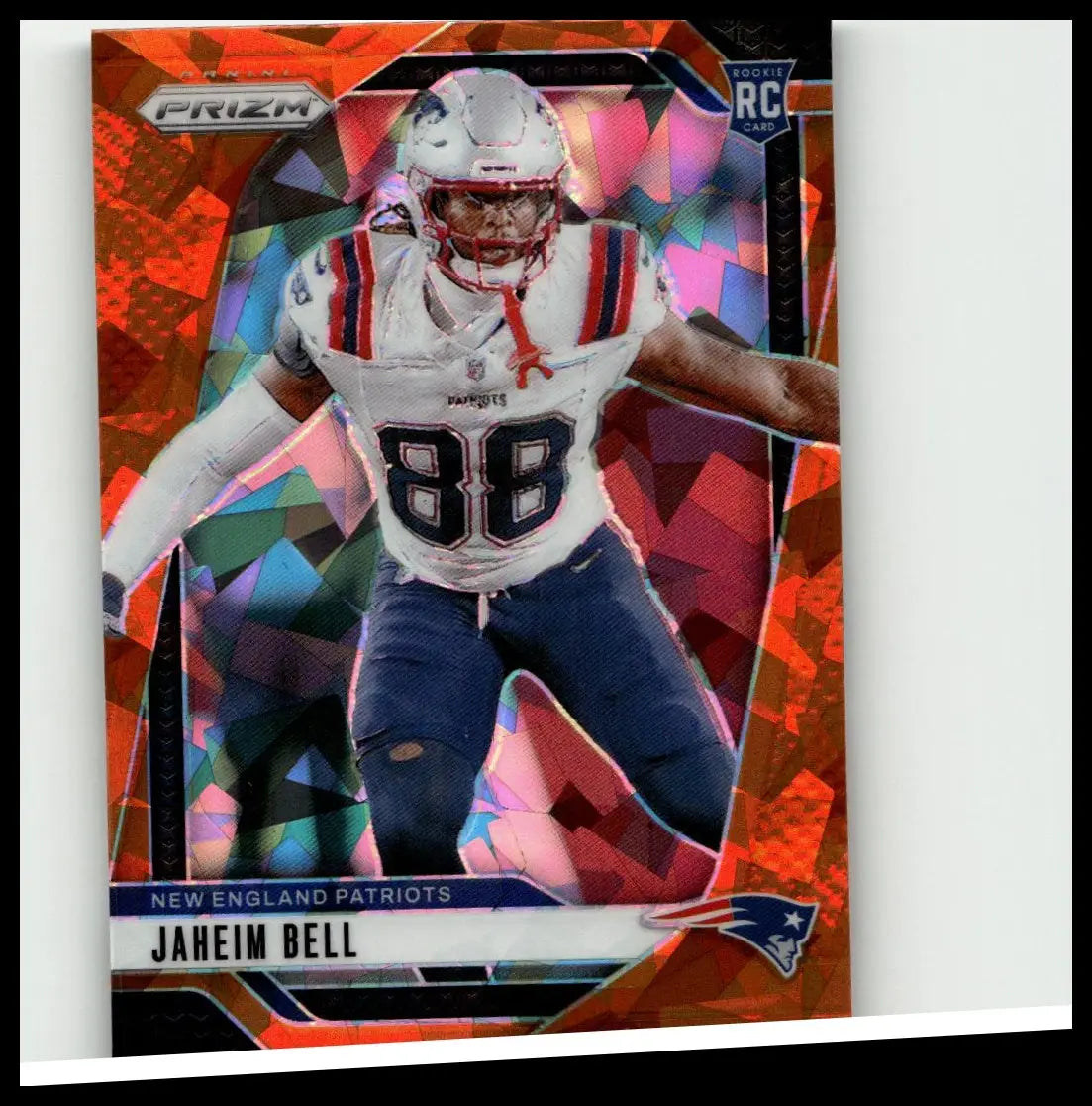 A vibrant red and orange prism-effect football trading card of jaheim bell in patriots uniform 88 from 2024 panini prizm bell orange ice