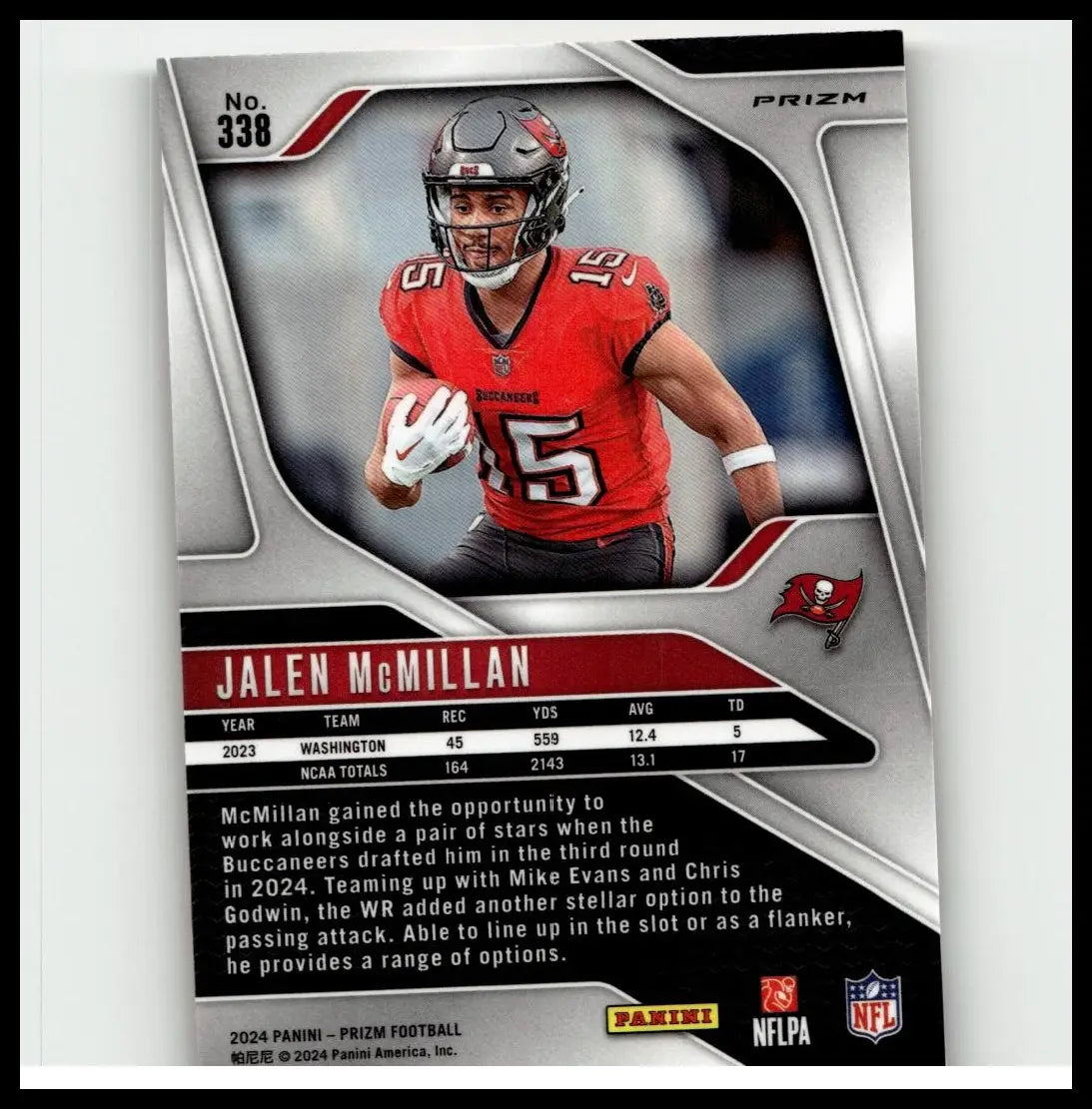 Red and silver tampa bay buccaneers football trading card featuring jalen mcmillan in jalen mcmillan orange ice uniform