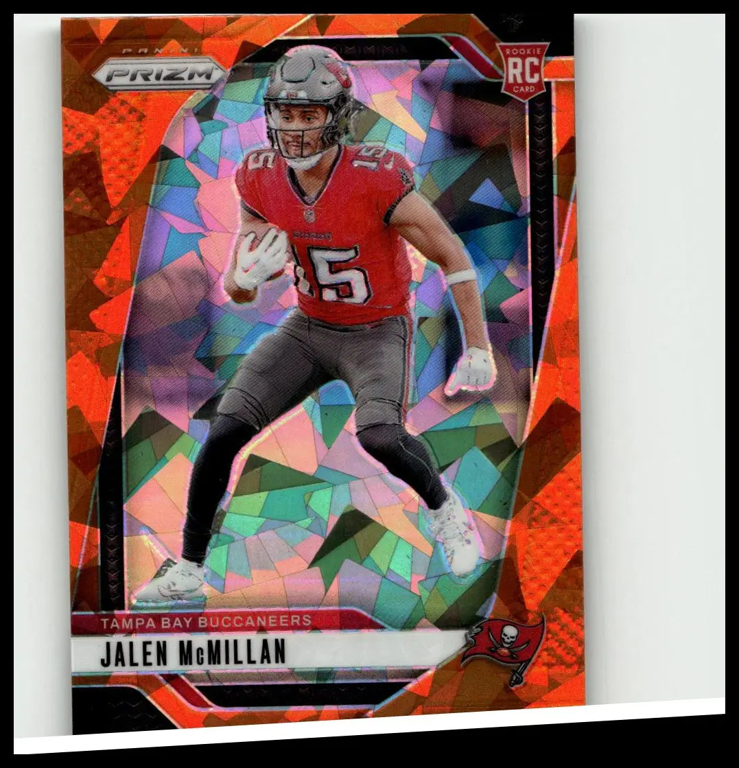 A vibrant orange ice geometric prism card featuring jalen mcmillan in tampa bay buccaneers jersey number 15