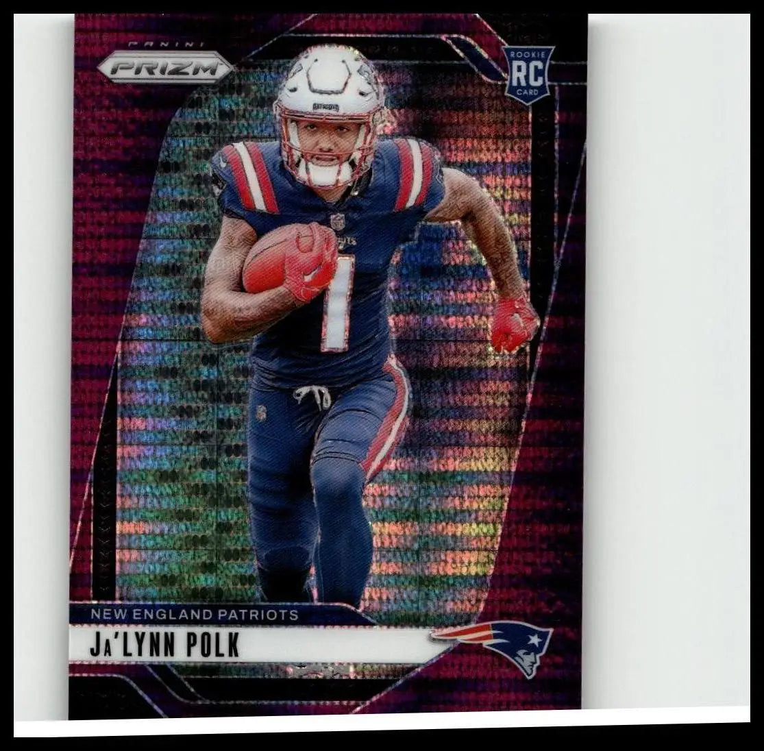 A vibrant red and blue panini prizm polk purple pulsar rookie card featuring ja’lynn polk in action with football