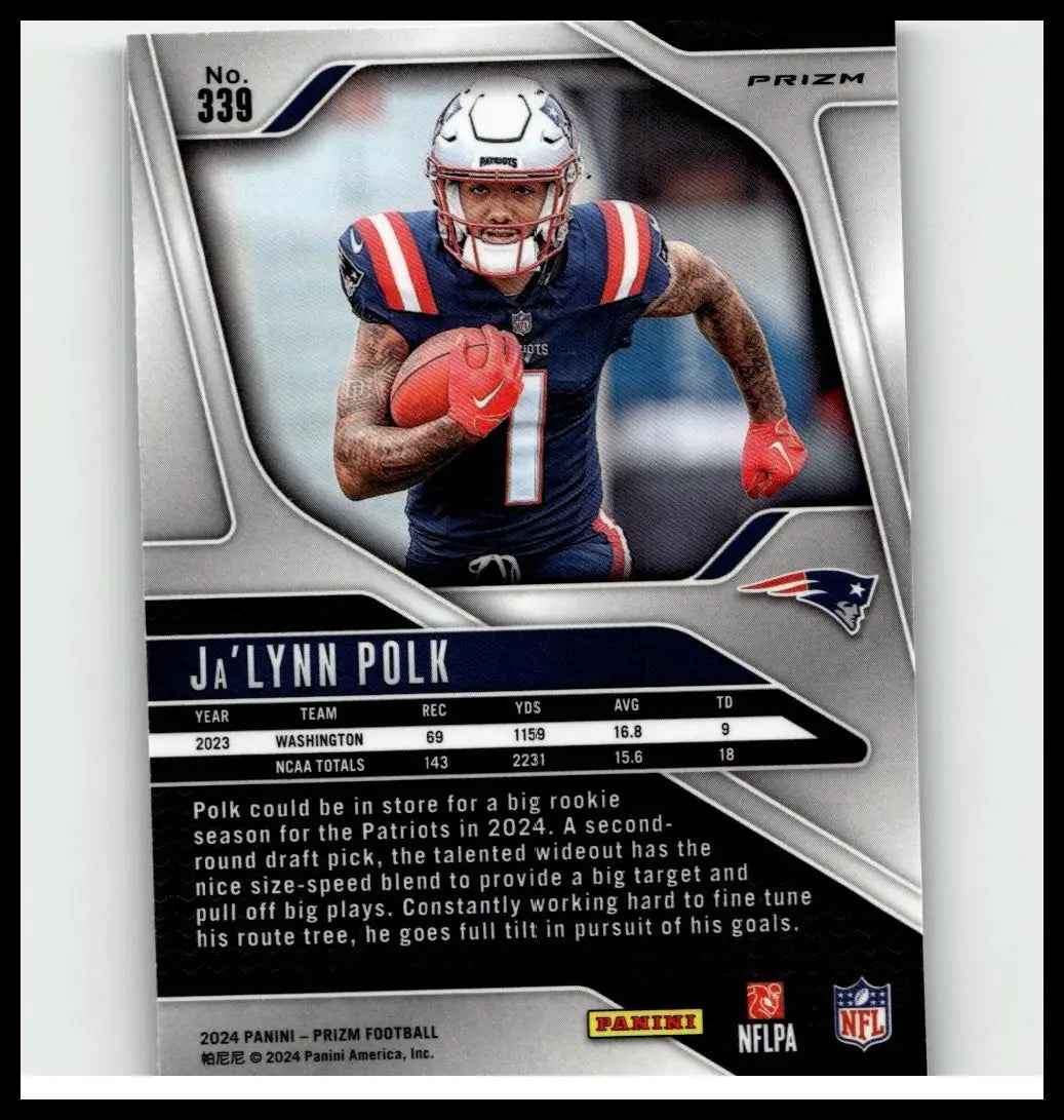 Silver and black panini prizm football trading card featuring ja’lynn polk in patriots uniform polk purple pulsar
