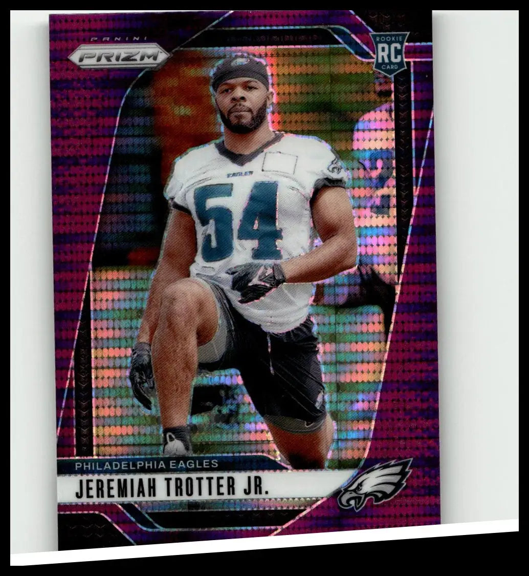 A vibrant purple pulsar panini prizm rookie card featuring Jeremiah Trotter jr of the Philadelphia Eagles