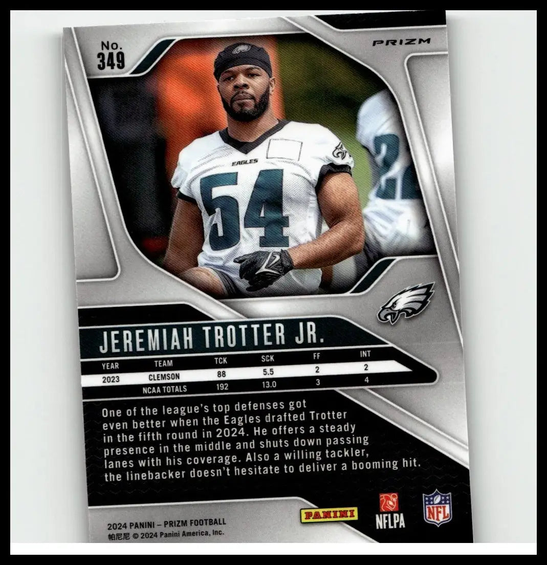 Silver and black panini prizm football card featuring jeremiah trotter jr purple pulsar 2024 prizm 349