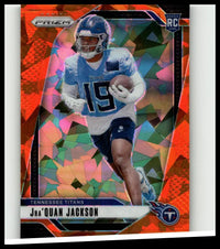 A vibrant jackson orange ice panini prizm rookie card featuring jhaquan jackson in tennessee titans uniform
