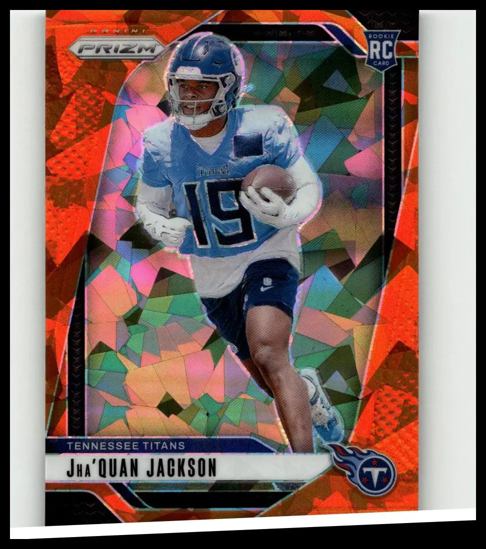 A vibrant jackson orange ice panini prizm rookie card featuring jhaquan jackson in tennessee titans uniform