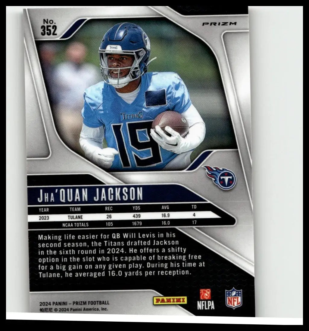 Blue and silver panini prizm football trading card featuring jhaquan jackson in titans uniform holding ball jackson orange ice