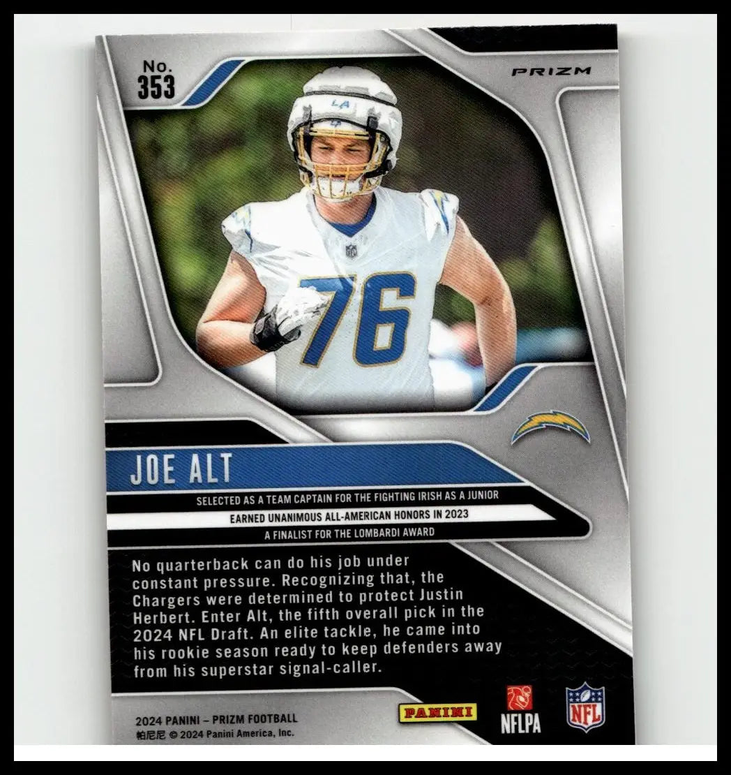 Silver and blue prizm football trading card featuring joe alt in chargers uniform from 2024 panini prizm alt orange ice series