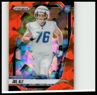 A vibrant orange ice 2024 panini prizm football card featuring joe alt in a white los angeles chargers uniform number 76