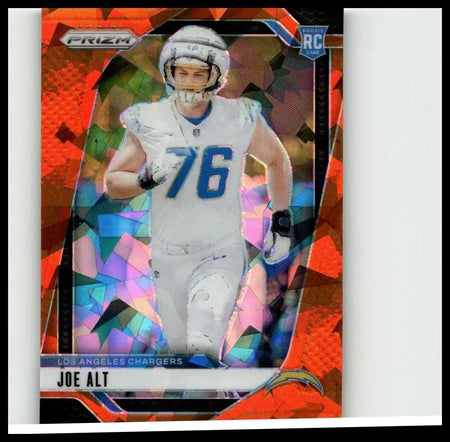 A vibrant orange ice 2024 panini prizm football card featuring joe alt in a white los angeles chargers uniform number 76