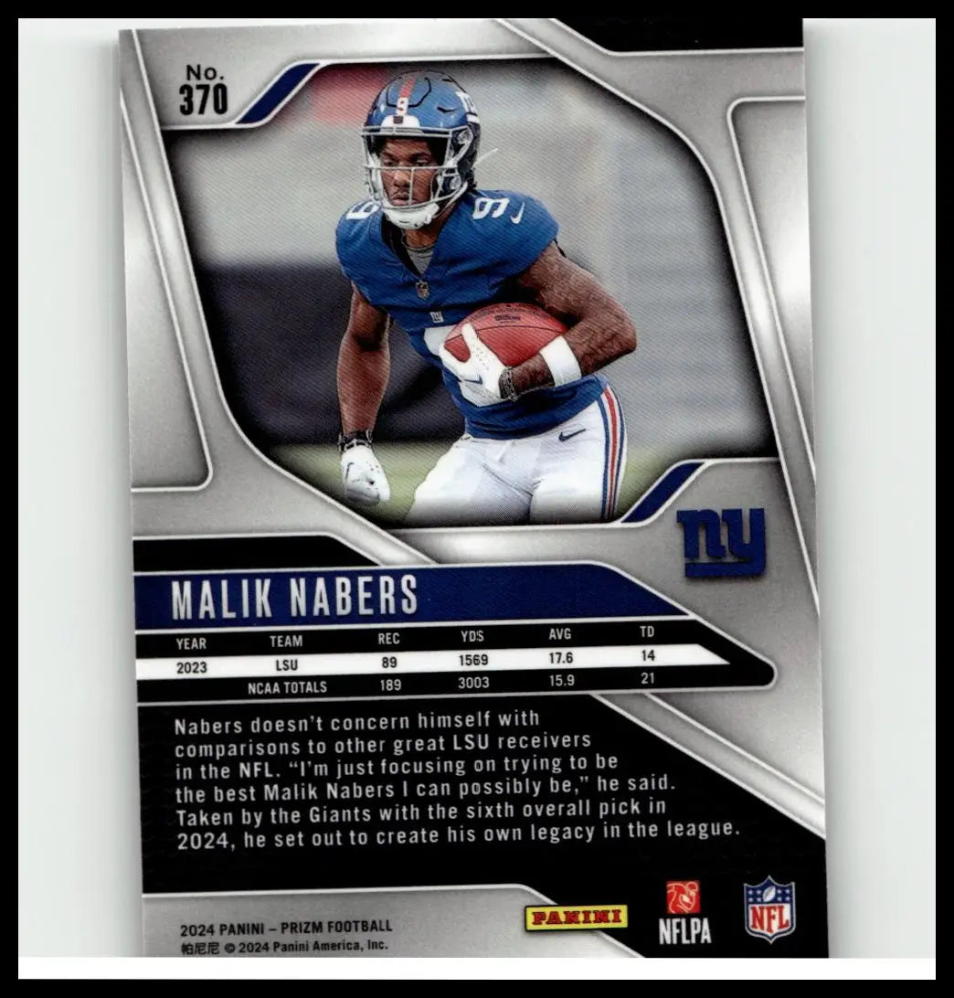 Blue and silver 2024 panini prizm #370 malik nabers football trading card in new york giants uniform for action & toy figures