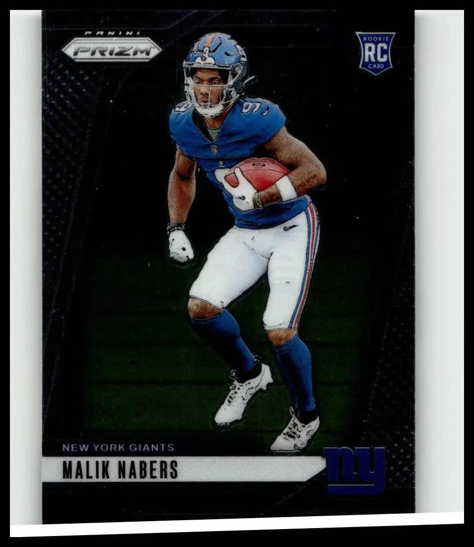 Blue and white 2024 Panini Prizm Malik Nabers rookie card showing action pose of New York Giants wide receiver