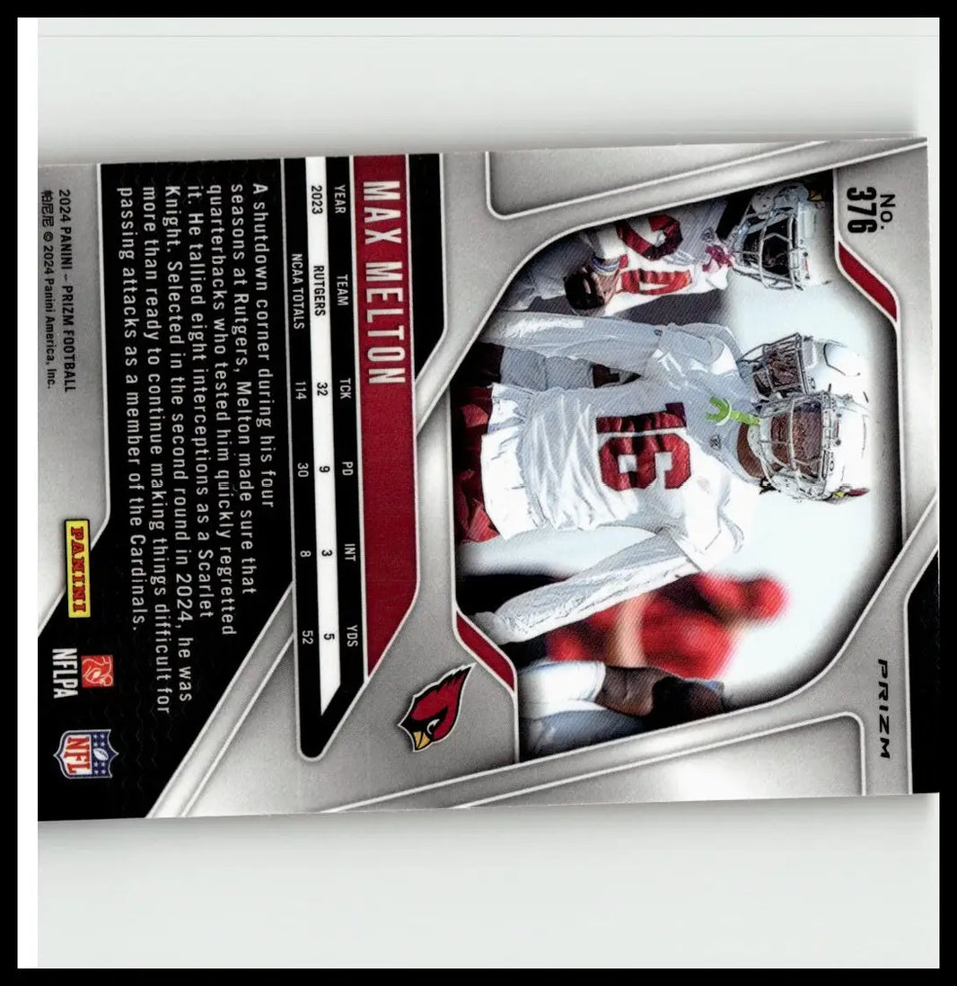 Silver and red prizm football trading card featuring max melton in white jersey number 16 from 2024 panini prizm orange ice