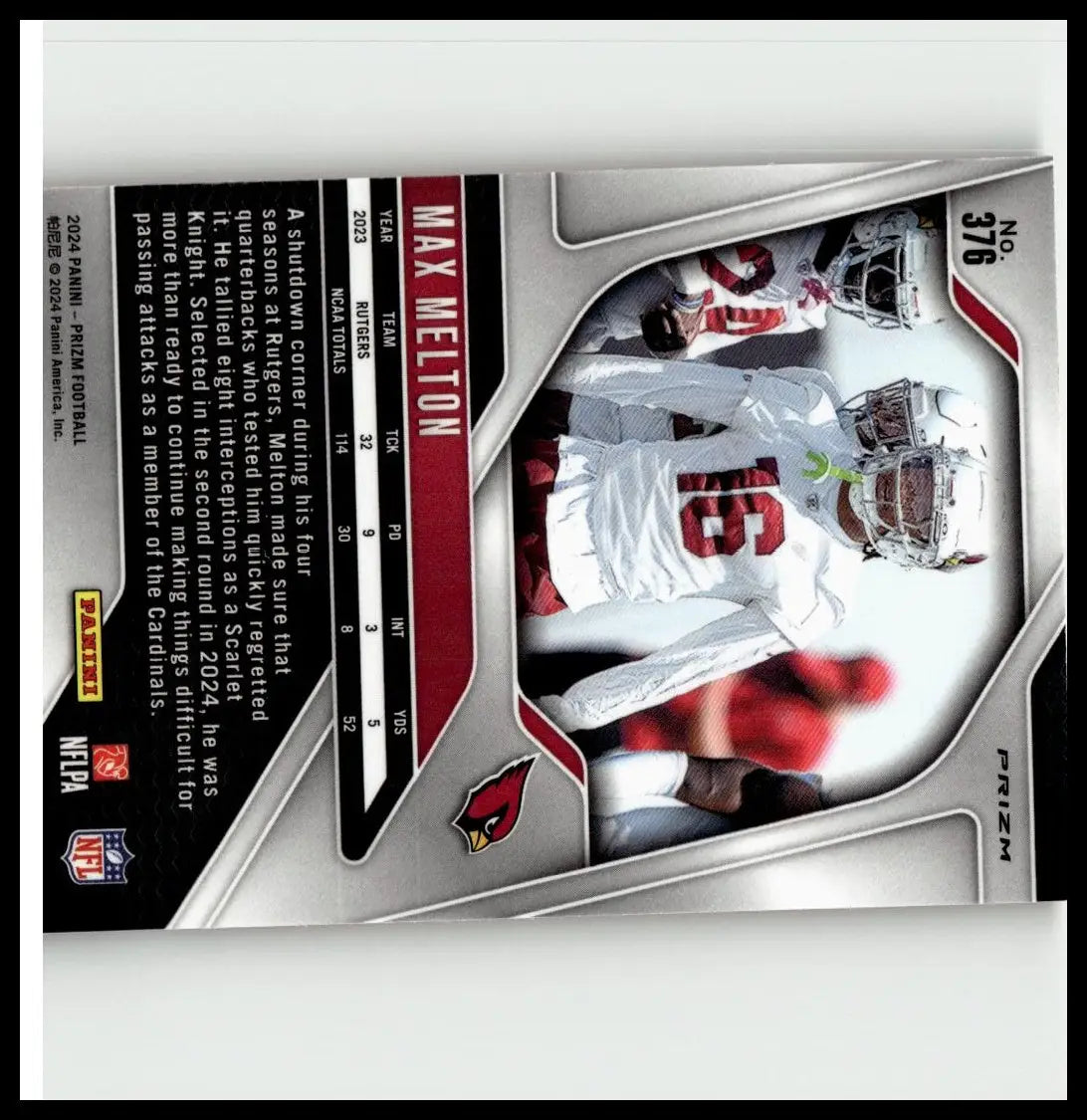 Silver and red prizm football trading card featuring max melton in white jersey number 16 from 2024 panini prizm orange ice