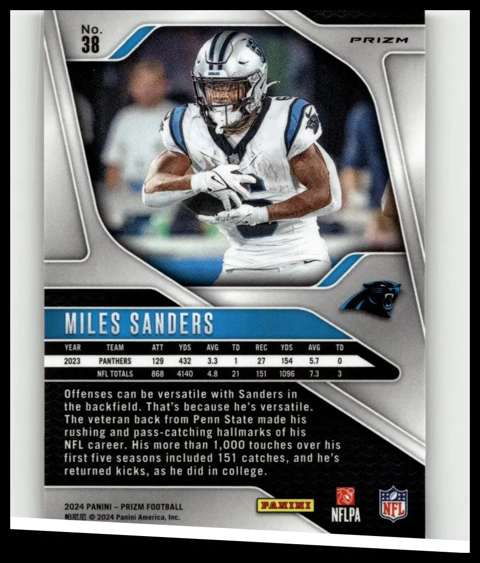 Silver and blue prizm football trading card featuring miles sanders in carolina panthers uniform 2024 sanders orange ice