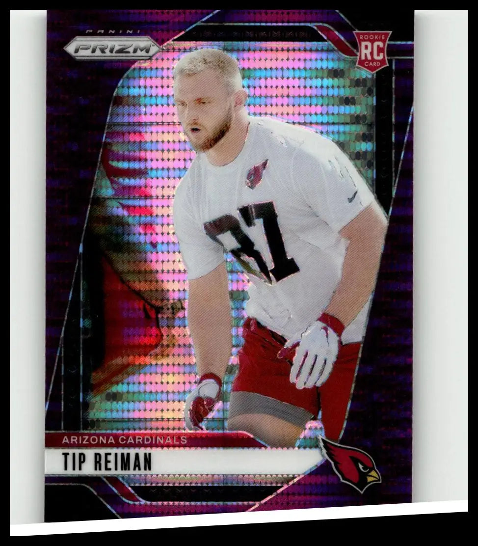 This is a 2024 Panini Prizm rookie rc trading card featuring Tip Reiman in his Arizona Cardinals purple pulsar uniform