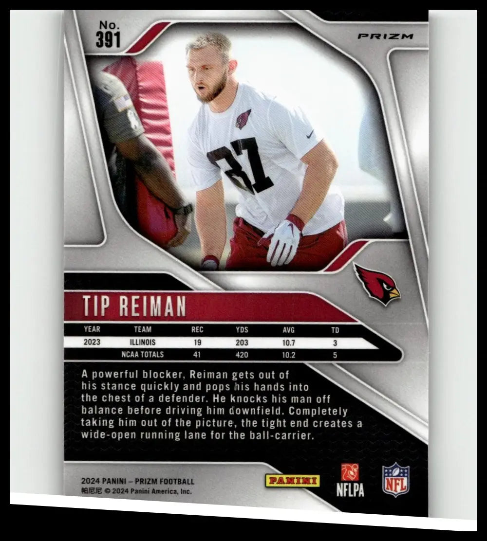 Silver and black prizm football trading card featuring tip reiman in white jersey red pants from 2024 panini prizm reiman purple pulsar