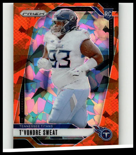 This panini prizm rookie rc card features t’vondre sweat in his titans uniform with a vibrant sweat orange ice design