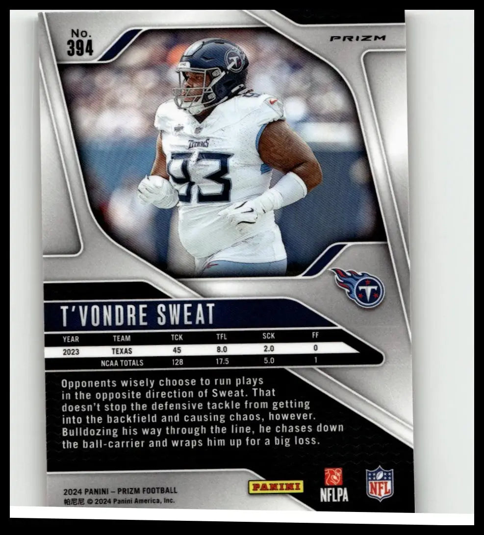 Silver and black panini prizm football trading card featuring t’vondre sweat in white titans uniform number 93 sweat orange ice