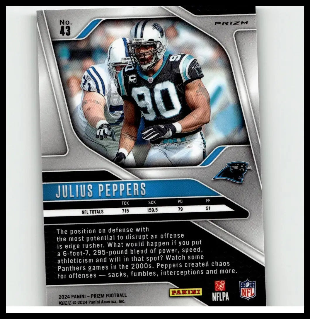 Silver and blue prizm football trading card featuring julius peppers in carolina panthers uniform 2024 panini prizm 43