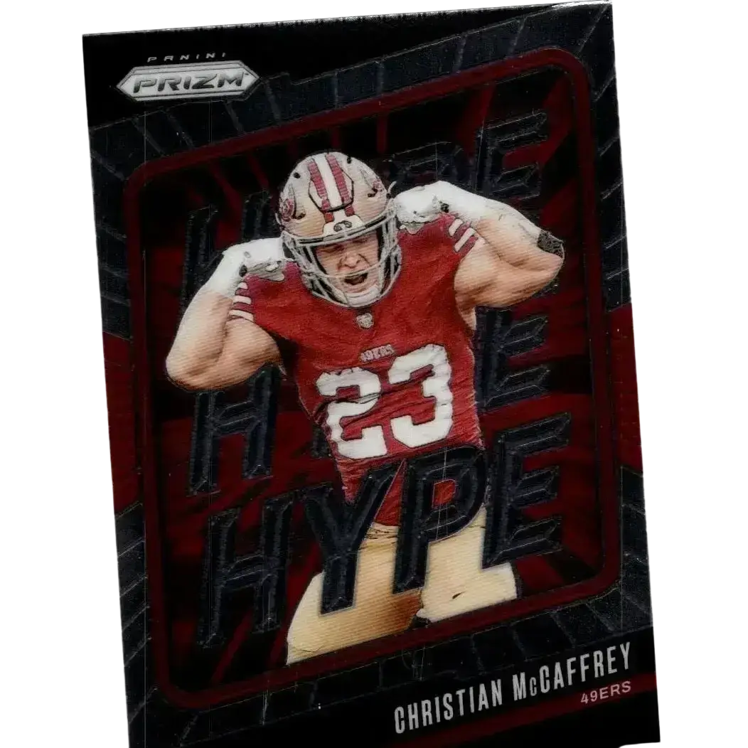 Red and gold 2024 panini prizm #5 christian mccaffrey hype football card featuring christian mccaffrey in jersey 23