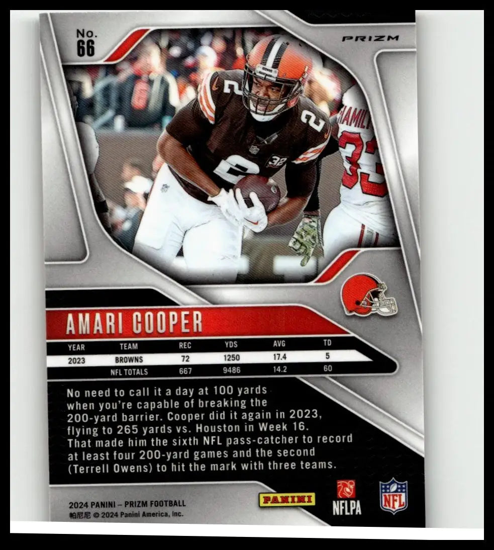 This 2024 Panini Prizm football card features Amari Cooper in Cleveland Browns orange ice uniform holding the ball